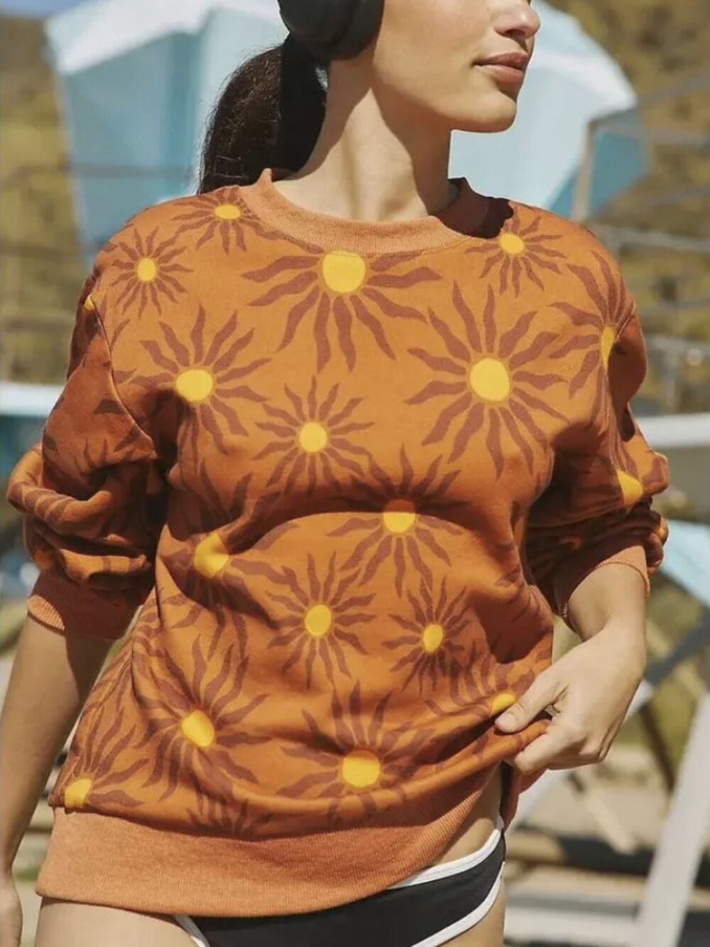 Beach Riot x Anthropologie Dawn Pullover Sweatshirt Brown Motif Orange Cotton 2X